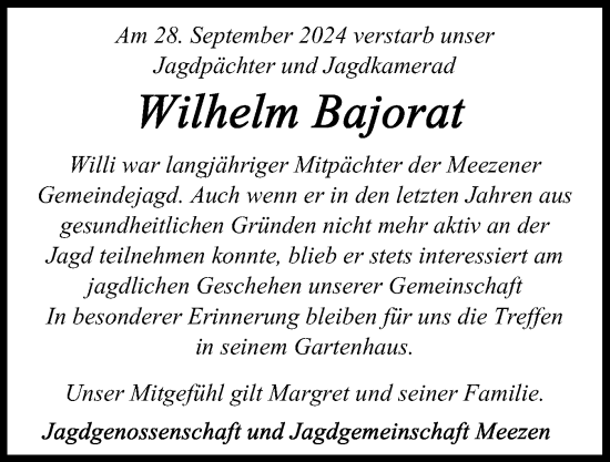 Traueranzeige von Wilhelm Bajorat von Schleswig-Holsteinische Landeszeitung