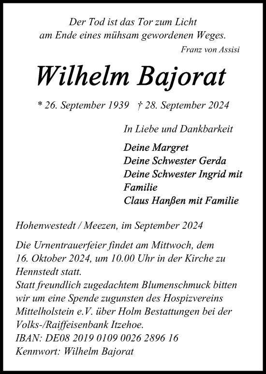 Traueranzeige von Wilhelm Bajorat von Schleswig-Holsteinische Landeszeitung