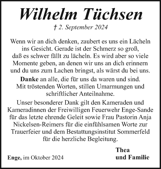 Traueranzeige von Wilhelm Tüchsen von Husumer Nachrichten, Nordfriesland Tageblatt