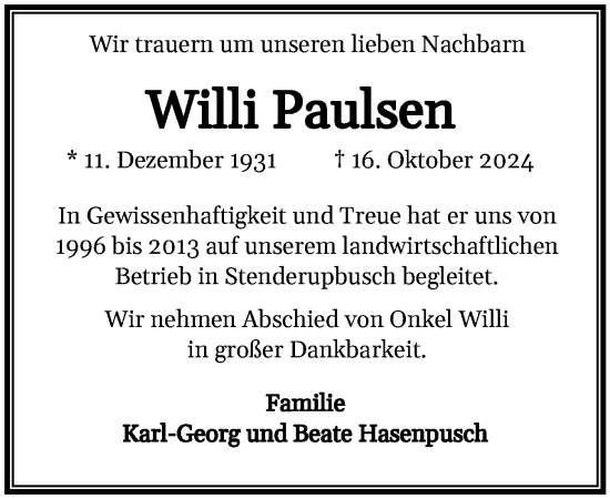 Traueranzeige von Willi Paulsen von Flensburger Tageblatt, Schleswiger Nachrichten, Schlei-Bote