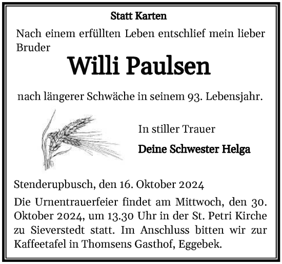 Traueranzeige von Willi Paulsen von Flensburger Tageblatt, Schleswiger Nachrichten, Schlei-Bote