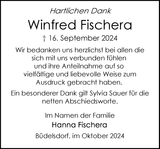 Traueranzeige von Winfred Fischera von Schleswig-Holsteinische Landeszeitung