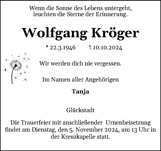 Traueranzeige von Wolfgang Kröger von Norddeutsche Rundschau, Wilstersche Zeitung, Glückstädter Fortuna