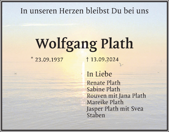 Traueranzeige von Wolfgang Plath von Region Pinneberg und tip Pinneberg