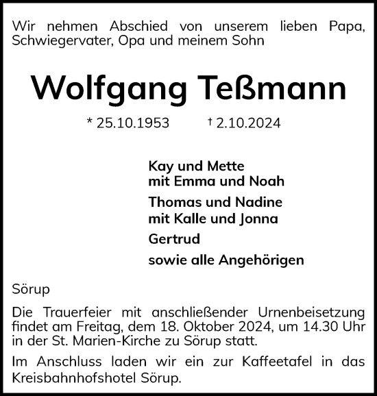 Traueranzeige von Wolfgang Teßmann von Flensburger Tageblatt