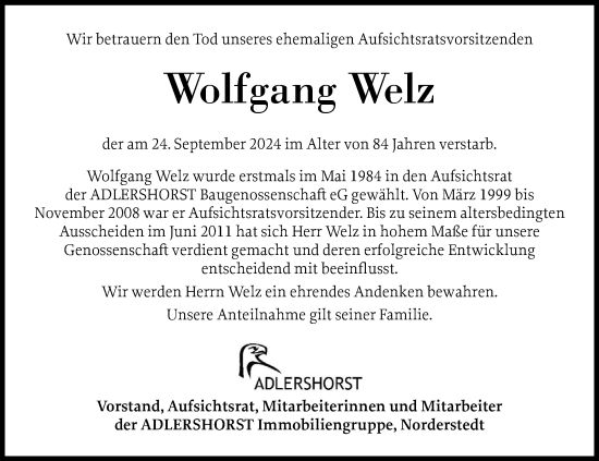 Traueranzeige von Wolfgang Welz von Elmshorner Nachrichten, Barmstedter Zeitung