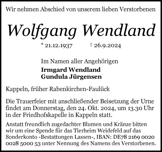 Traueranzeige von Wolfgang Wendland von Schleswiger Nachrichten, Schlei-Bote