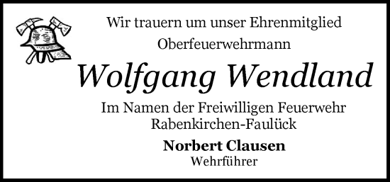 Traueranzeige von Wolfgang Wendland von Schleswiger Nachrichten, Schlei-Bote