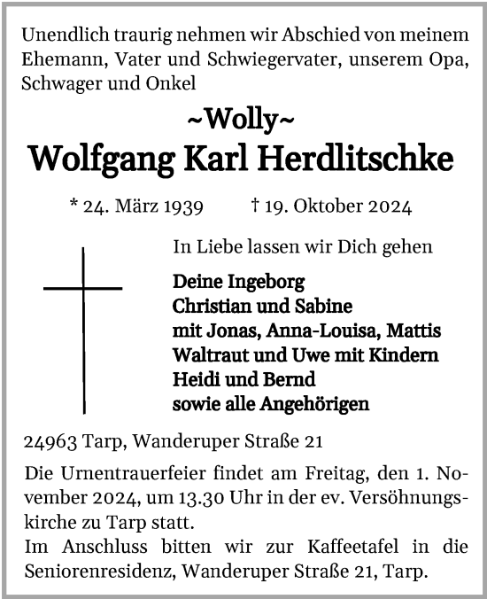 Traueranzeige von Wolfgang Karl Herdlitschke von Sylter Rundschau