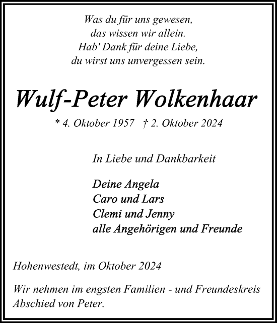 Traueranzeige von Wulf-Peter Wolkenhaar von Schleswig-Holsteinische Landeszeitung