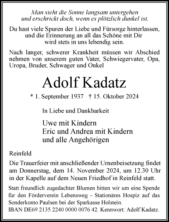 Traueranzeige von Adolf Kadatz von Stormaner Tageblatt