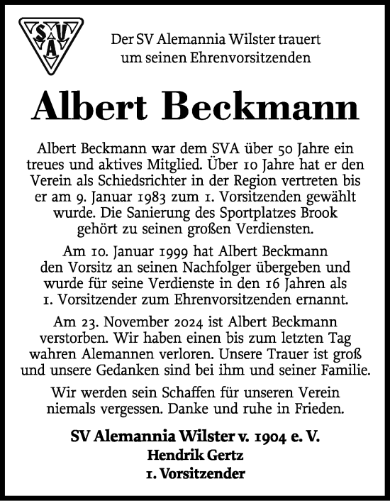 Traueranzeige von Albert Beckmann von Norddeutsche Rundschau, Wilstersche Zeitung, Glückstädter Fortuna