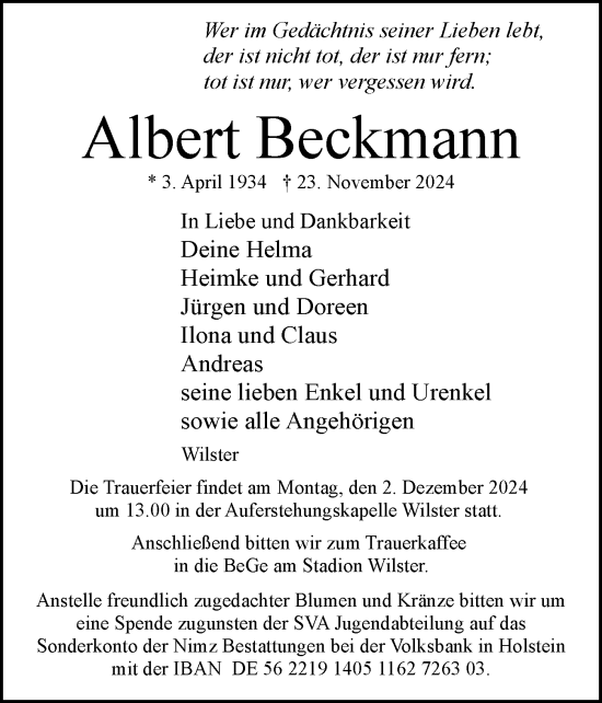 Traueranzeige von Albert Beckmann von Norddeutsche Rundschau, Wilstersche Zeitung, Glückstädter Fortuna