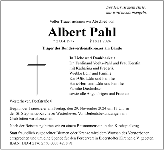 Traueranzeige von Albert Pahl von Husumer Nachrichten, Nordfriesland Tageblatt