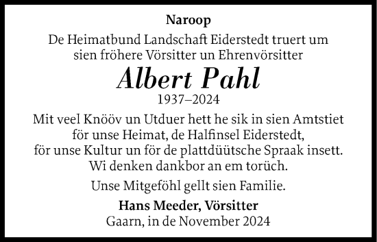 Traueranzeige von Albert Pahl von Husumer Nachrichten, Nordfriesland Tageblatt