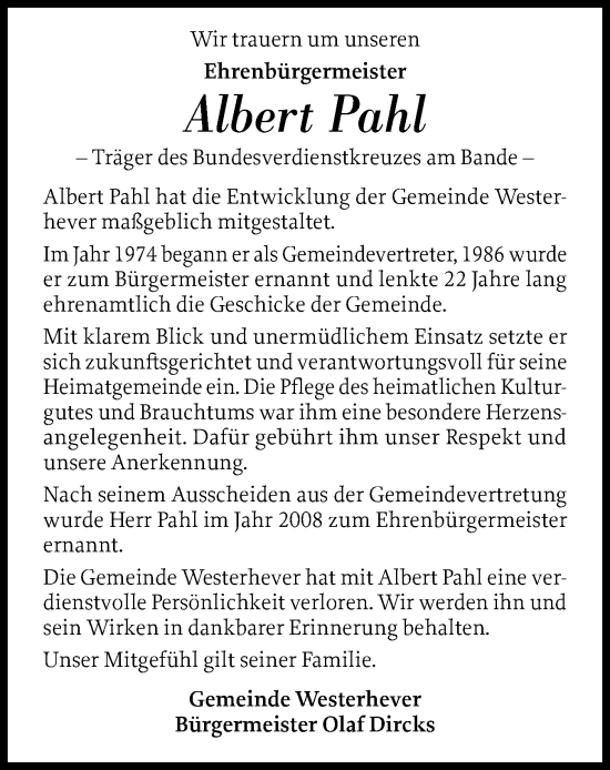 Traueranzeige von Albert Pahl von Husumer Nachrichten, Nordfriesland Tageblatt