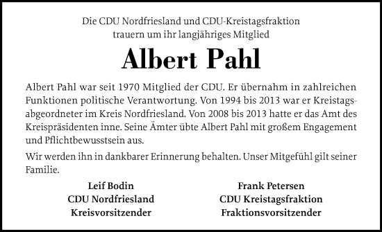 Traueranzeige von Albert Pahl von Region Westküste