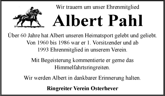 Traueranzeige von Albert Pahl von Husumer Nachrichten, Nordfriesland Tageblatt