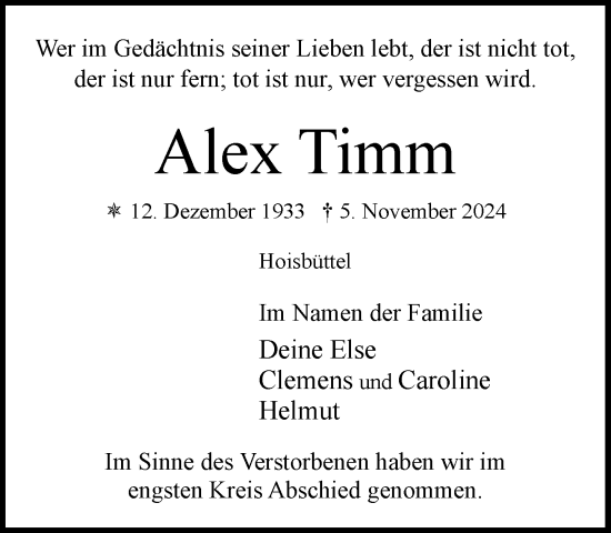 Traueranzeige von Alex Timm von Stormaner Tageblatt