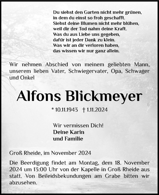 Traueranzeige von Alfons Blickmeyer von Schleswiger Nachrichten, Schlei-Bote