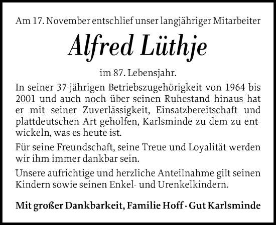 Traueranzeige von Alfred Lüthje von Eckernförder Zeitung, Hallo Eckernförde