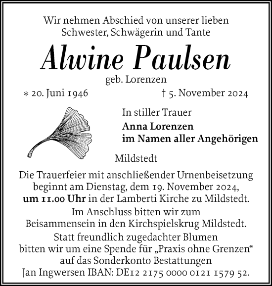 Traueranzeige von Alwine Paulsen von Husumer Nachrichten, Nordfriesland Tageblatt