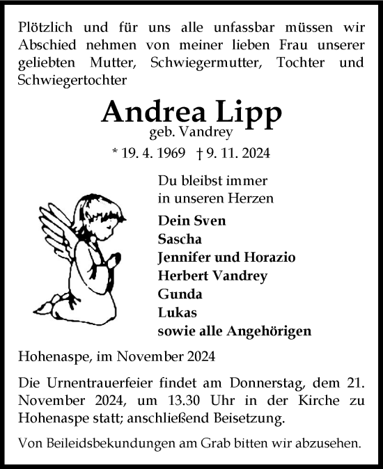 Traueranzeige von Andrea Lipp von Norddeutsche Rundschau, Wilstersche Zeitung, Glückstädter Fortuna