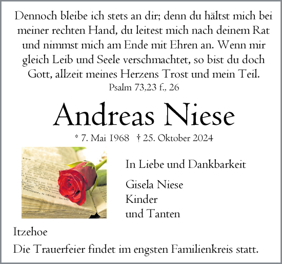 Traueranzeige von Andreas Niese von Norddeutsche Rundschau, Wilstersche Zeitung, Glückstädter Fortuna