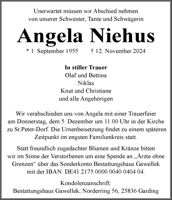 Traueranzeige von Angela Niehus von Husumer Nachrichten, Nordfriesland Tageblatt