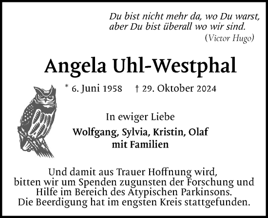 Traueranzeige von Angela Uhl-Westphal von Region Pinneberg und tip Pinneberg