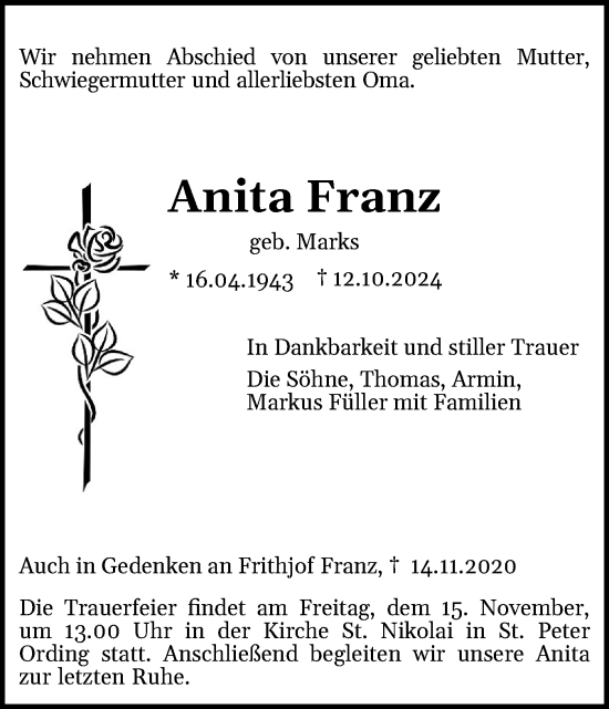 Traueranzeige von Anita Franz von Husumer Nachrichten, Nordfriesland Tageblatt