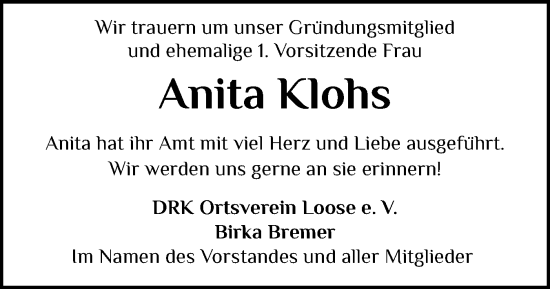 Traueranzeige von Anita Klohs von Eckernförder Zeitung, Hallo Eckernförde