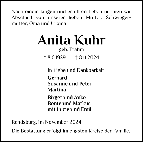 Traueranzeige von Anita Kuhr von Schleswig-Holsteinische Landeszeitung