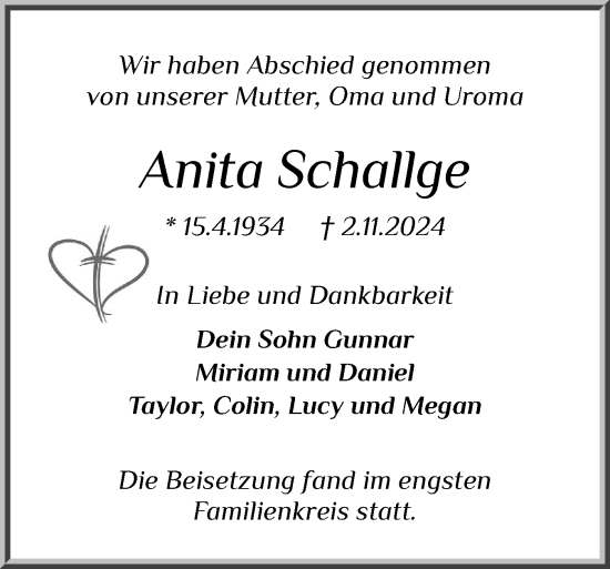 Traueranzeige von Anita Schallge von Schleswiger Nachrichten, Schlei-Bote