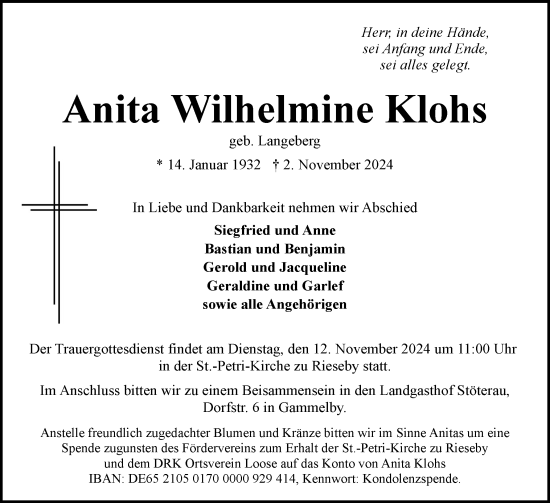 Traueranzeige von Anita Wilhelmine Klohs von Eckernförder Zeitung, Hallo Eckernförde