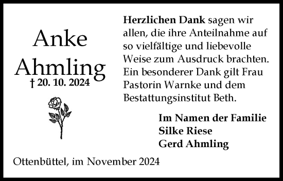 Traueranzeige von Anke Ahmling von Norddeutsche Rundschau, Wilstersche Zeitung, Glückstädter Fortuna