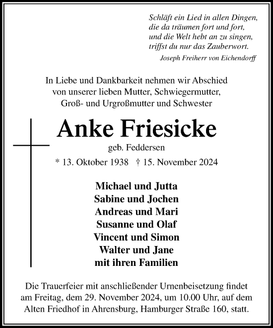 Traueranzeige von Anke Friesicke von Stormaner Tageblatt