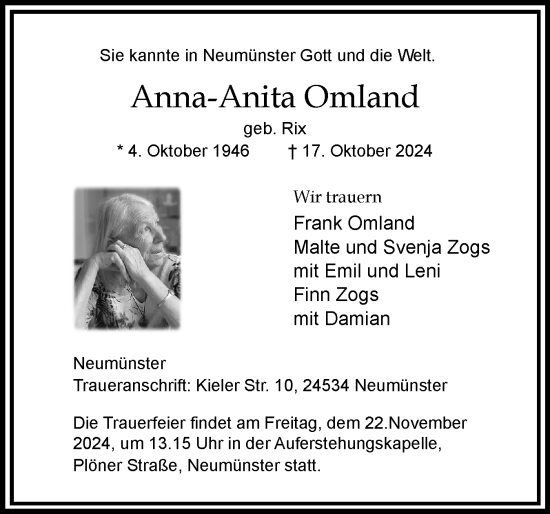 Traueranzeige von Anna-Anita Omland von Holsteinischer Courier