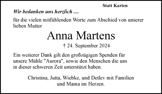 Traueranzeige von Anna Martens von Norddeutsche Rundschau, Wilstersche Zeitung, Glückstädter Fortuna