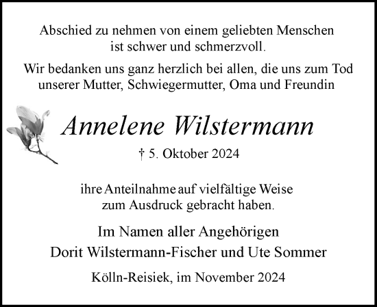 Traueranzeige von Annelene Wilstermann von Elmshorner Nachrichten, Barmstedter Zeitung