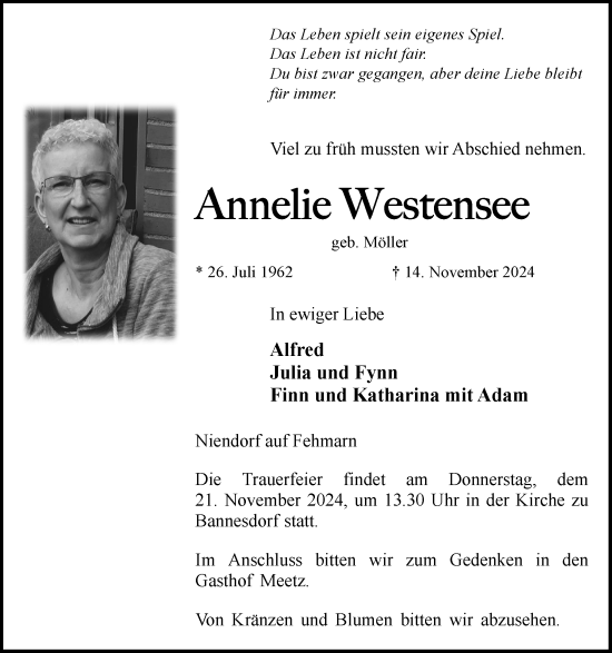 Traueranzeige von Annelie Westensee von Ostholsteiner Anzeiger