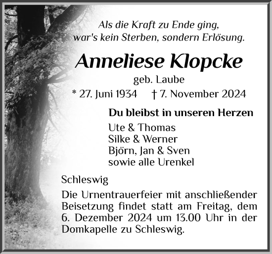 Traueranzeige von Anneliese Klopcke von Schleswiger Nachrichten, Schlei-Bote