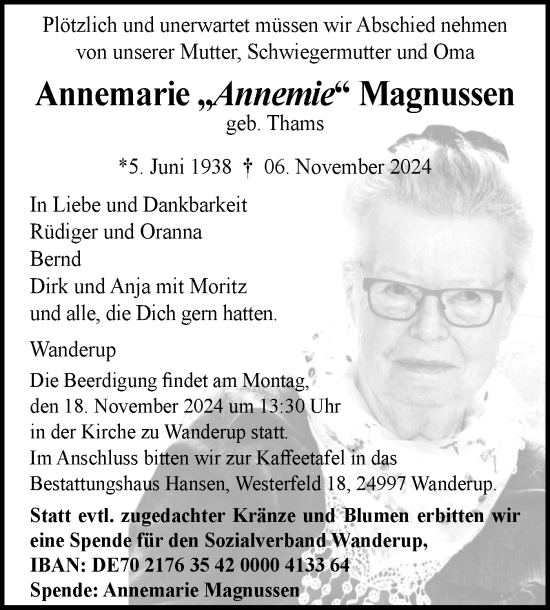 Traueranzeige von Annemarie Magnussen von Flensburger Tageblatt