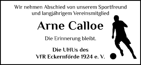 Traueranzeige von Arne Calloe von Eckernförder Zeitung, Hallo Eckernförde