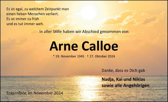 Traueranzeige von Arne Calloe von Eckernförder Zeitung, Hallo Eckernförde