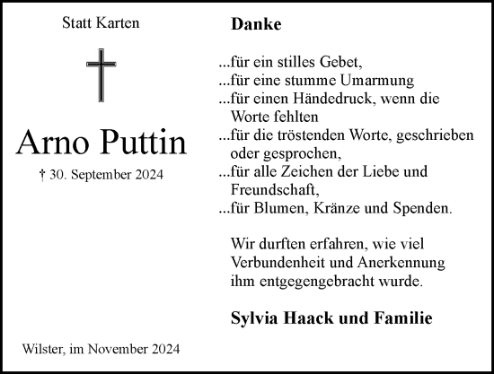 Traueranzeige von Arno Puttin von Norddeutsche Rundschau, Wilstersche Zeitung, Glückstädter Fortuna