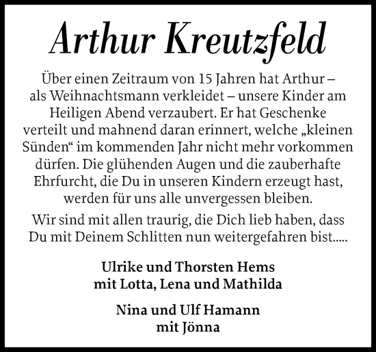 Traueranzeige von Arthur Kreutzfeld von Husumer Nachrichten, Nordfriesland Tageblatt