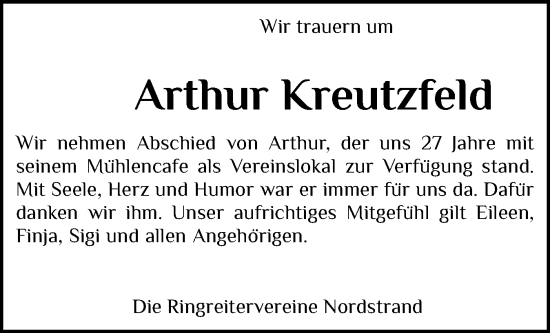 Traueranzeige von Arthur Kreutzfeld von Husumer Nachrichten, Nordfriesland Tageblatt