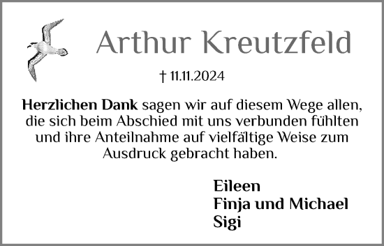 Traueranzeige von Arthur Kreutzfeld von Husumer Nachrichten, Nordfriesland Tageblatt
