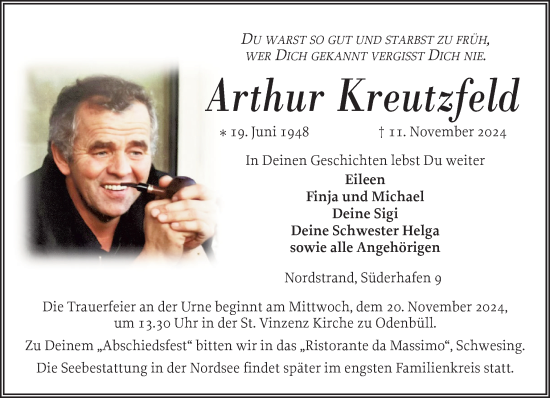 Traueranzeige von Arthur Kreutzfeld von Husumer Nachrichten, Nordfriesland Tageblatt